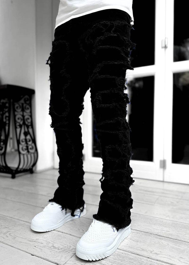 Men Trousers Individual Patched Pants Long Tight Fit Stacked Jeans For Mens Clothing - Mubimart