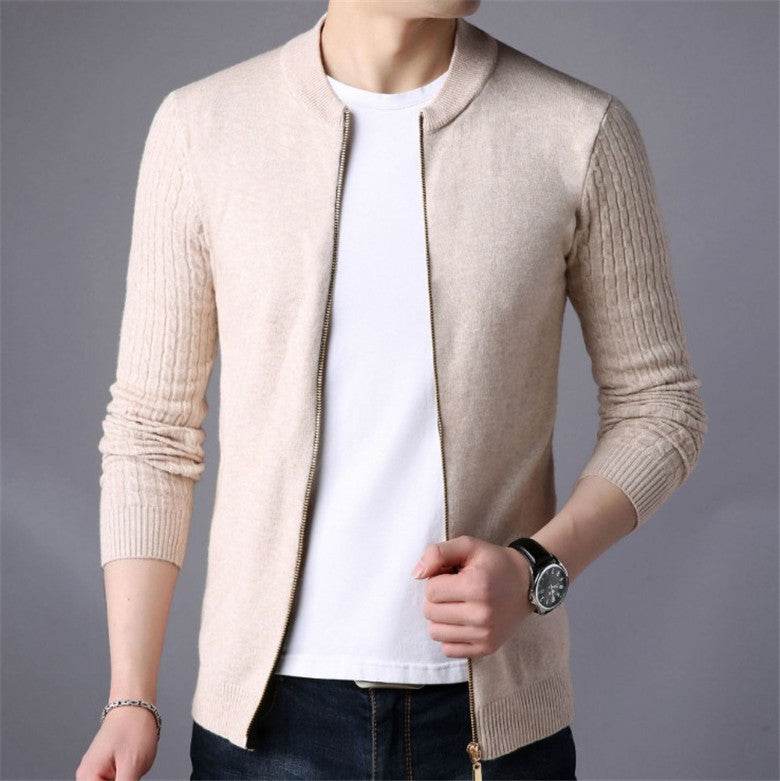Solid Color Twist Knit Cardigan With Zip Sweater Coat - Mubimart