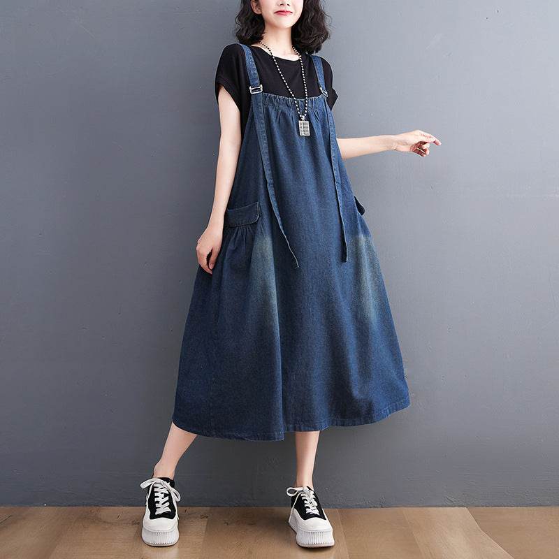 Women's Loose Plus Size Denim Suspender Dress - Mubimart