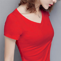 S-5XL Women's Cotton T-shirt Summer V-neck Tops Tees Female - Mubimart -  