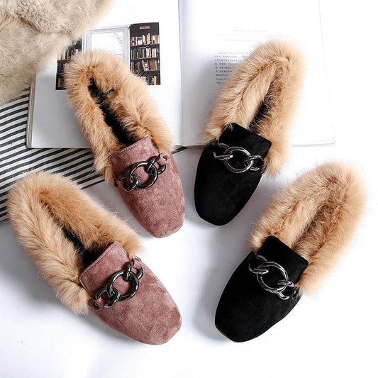 Rabbit fur and velvet cotton flats - Mubimart
