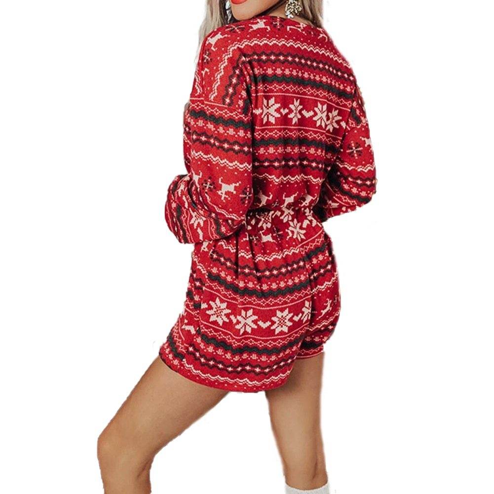 Women Christmas Pajama Sets Long Sleeve Crop Top Shorts 2Pcs - Mubimart