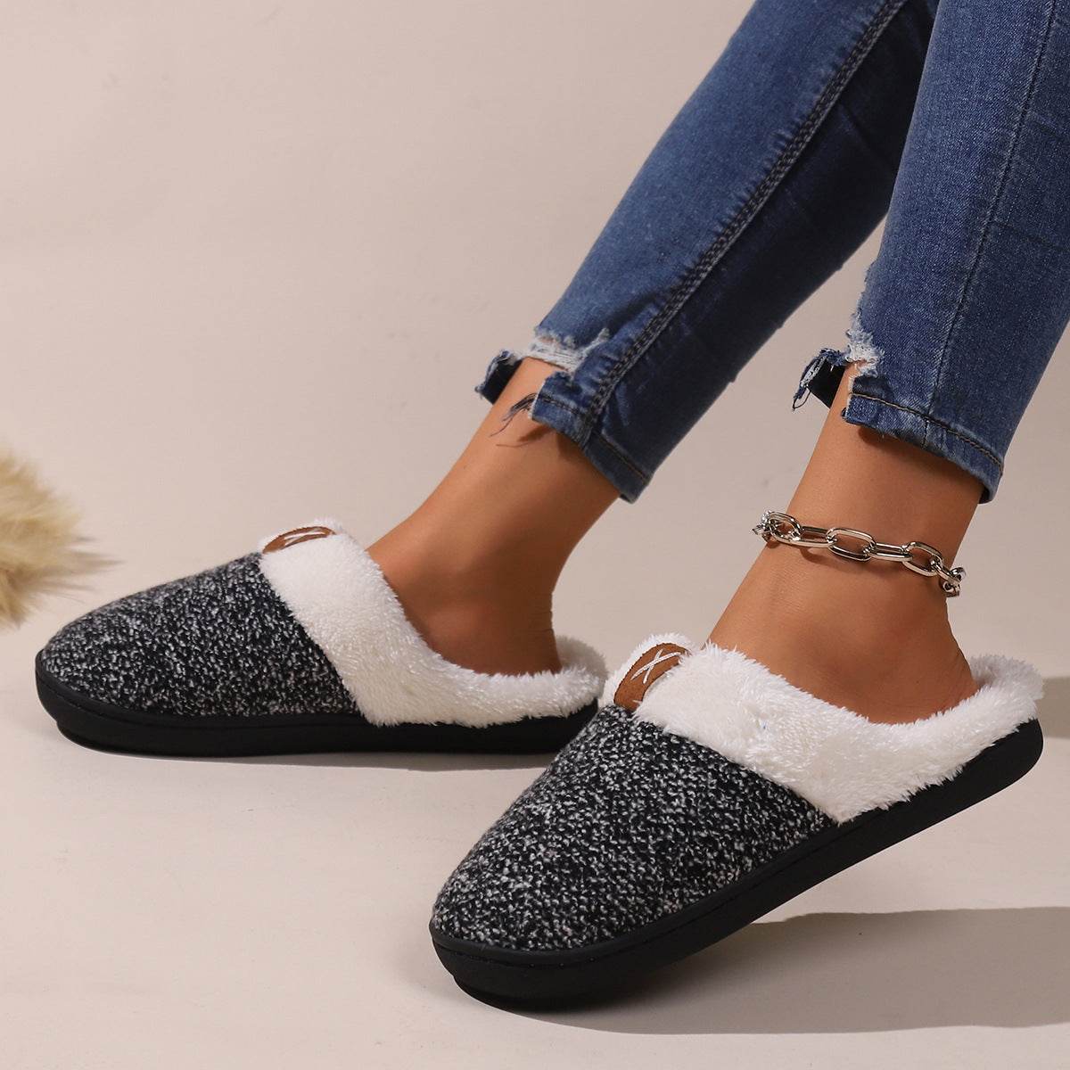 Winter Plush Slippers Fashion Thick Bottom Warm House Shoes For Women Men Indoor Bedroom Floor Slipper - Mubimart