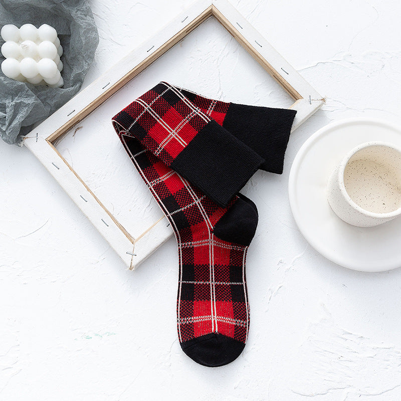 Line Plaid Socks Women Calf Knee Socks Korean Version - Mubimart -  