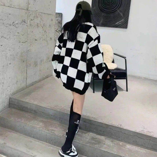 Women Plus Size Checkerboard Check Sweater - Mubimart