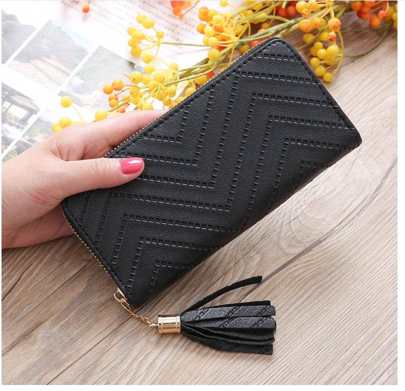 New women's wallet single pull fringed bag long zipper student bag clutch bag - Mubimart