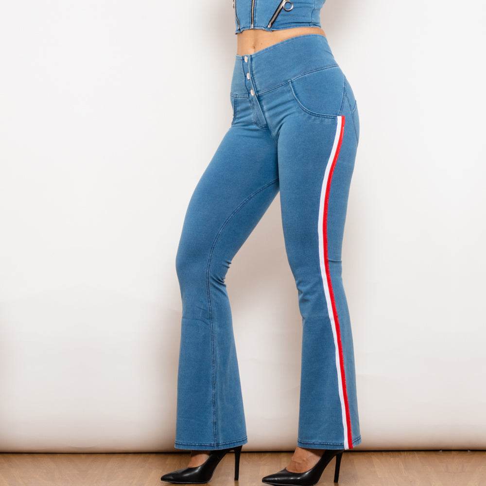 Shascullfites Melody Light Blue Striped Flared Lift Jeggings Button Up Butt Lift High Waist Flare Jeans Women Shaping Jeans - Mubimart