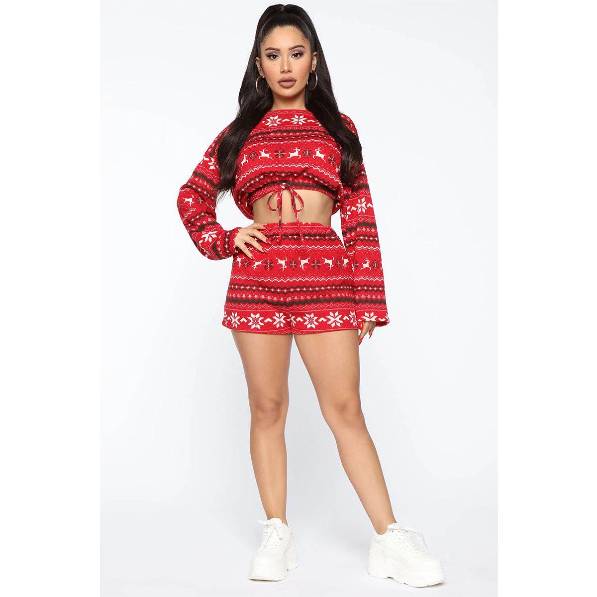 Women Christmas Pajama Sets Long Sleeve Crop Top Shorts 2Pcs - Mubimart