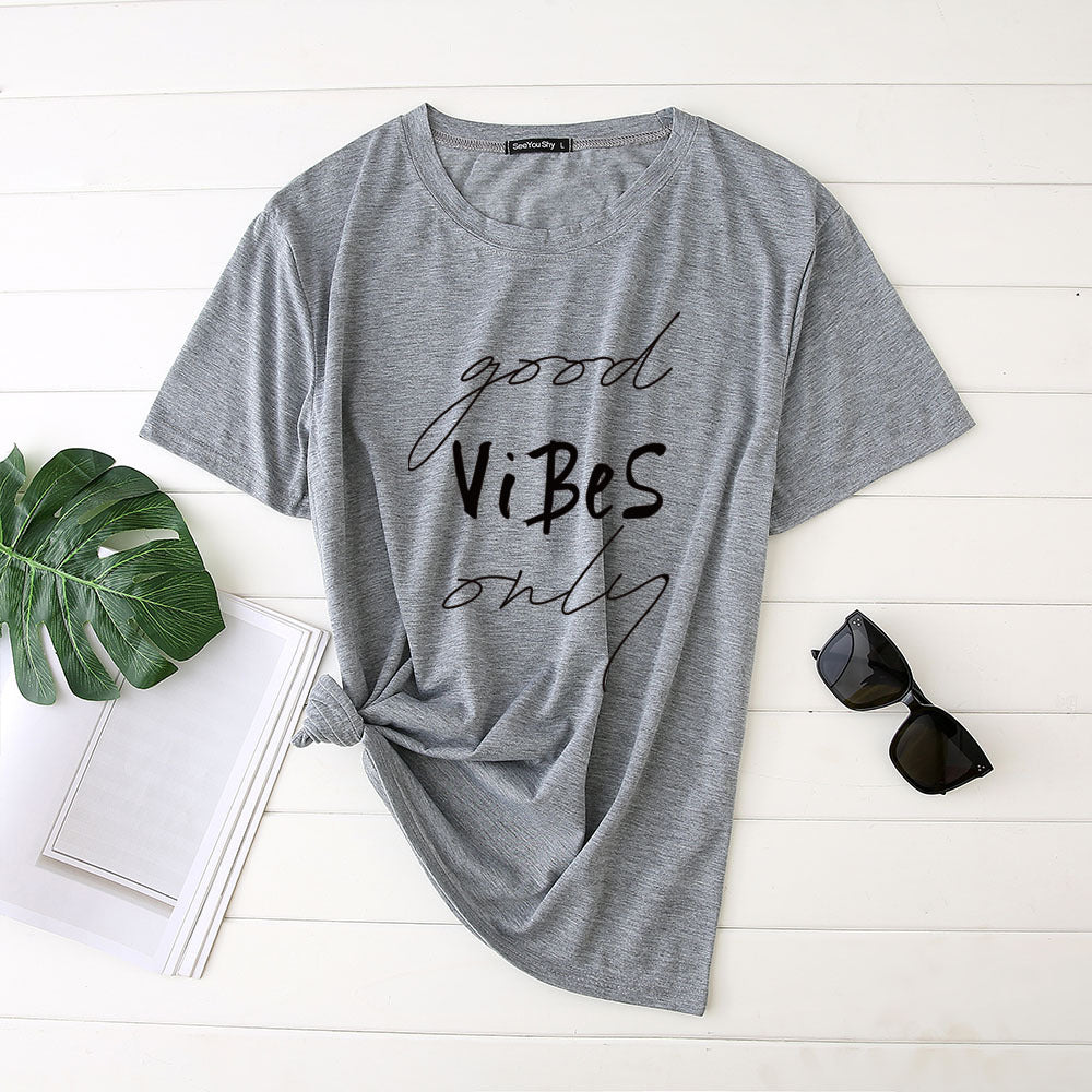 Plus Size Women's Good Vibes Letter Print Funny T-shirt - Mubimart -  