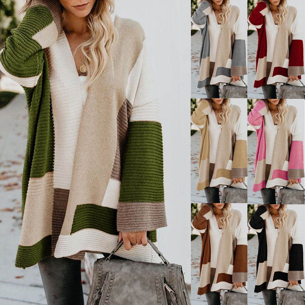 Women's Plus Size Oversized Geometric Colorblock Sweater Cardigan - Mubimart