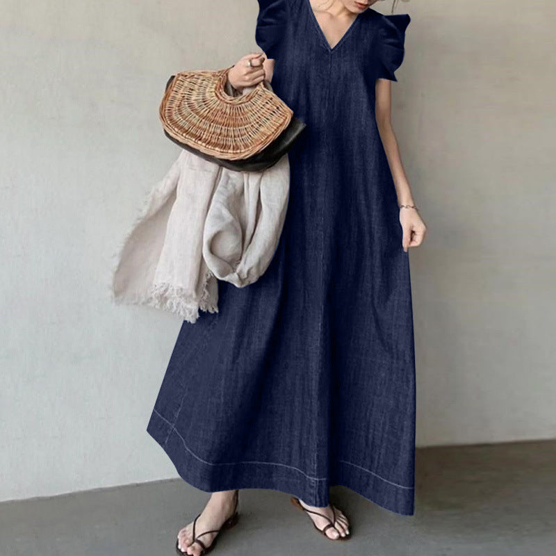 Denim Solid Color V-neck Bohemian Loose Large Size Long Dress - Mubimart - Denim Dress 