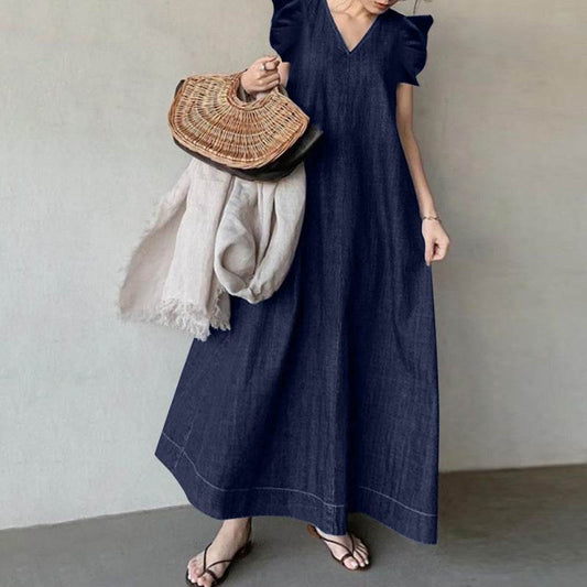 Denim Solid Color V-neck Bohemian Loose Large Size Long Dress - Mubimart