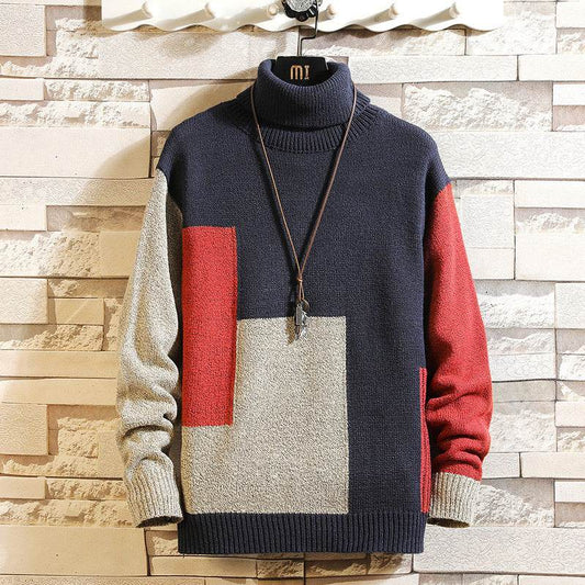 Loose Turtleneck Color-Block Pullover Sweater Plus Size Fashion Trend Casual Sweater - Mubimart