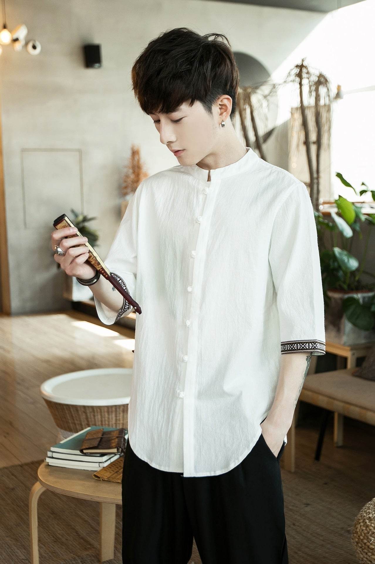 Contrast linen casual shirt - Mubimart