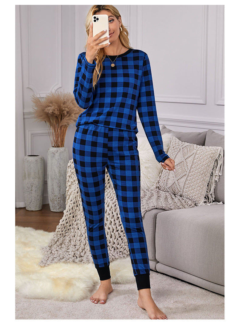 Christmas Long-sleeved Trousers Loungewear Suit Plaid Contrast Color Home Pajamas For Women - Mubimart -  