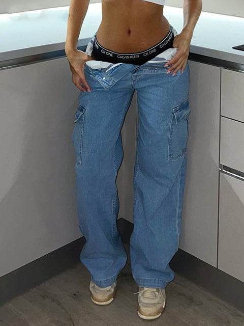 Straight Leg Cargo Pants Women High Waist Casual Baggy Pants - Mubimart