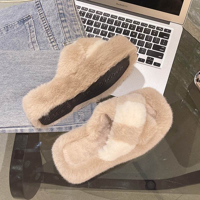Cross-strap Fuzzy Slippers With 5cm Heel Shoes Women Fashion Winter Indoor Plush House Shoes - Mubimart