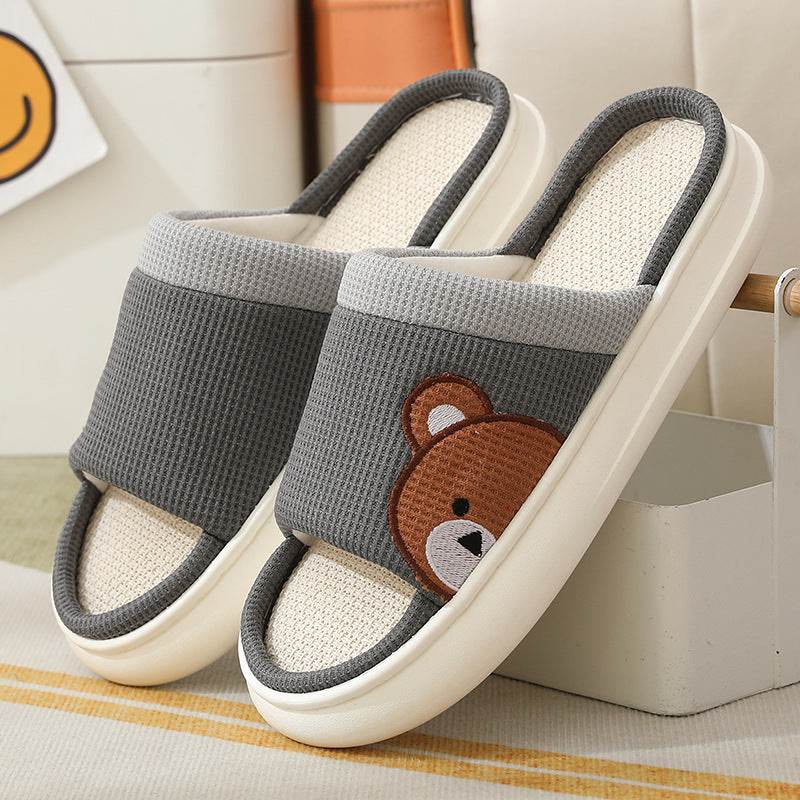 Cute Cartoon Bear Linen Slippers For Women Indoor Non-slip Sweat-absorbent Breathable Slip On Floor Bedroom Slipper House Shoes - Mubimart