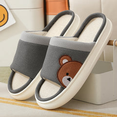 Cute Cartoon Bear Linen Slippers For Women Indoor Non-slip Sweat-absorbent Breathable Slip On Floor Bedroom Slipper House Shoes - Mubimart -  