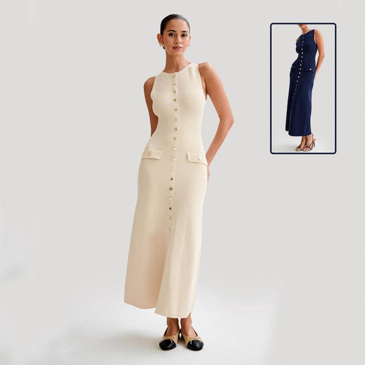 Elegant Knitted Sleeveless Dress With Single Breast Fashion Slim Round Neck Long Dresses Womens Clothing - Mubimart
