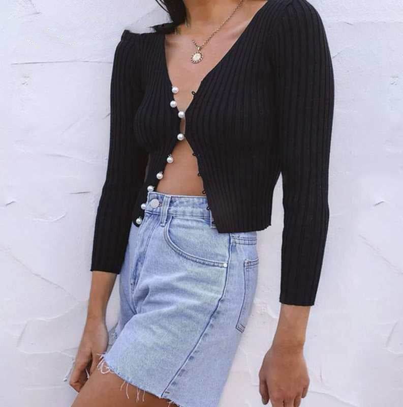 Sleeve Slim Fit Crop Tops Brief Solid Women Knit Shirt - Mubimart