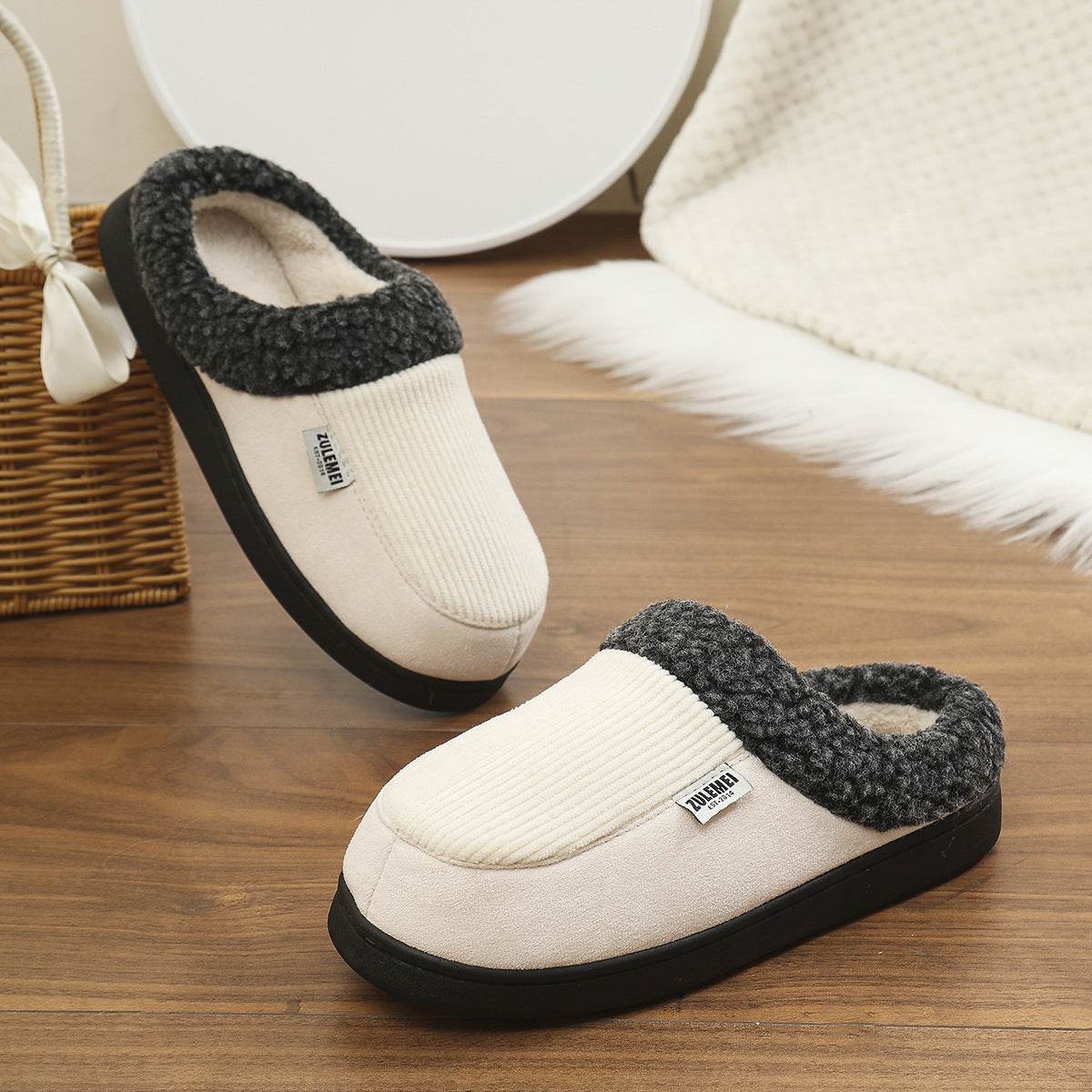 Fashion Solid Striped Cotton Slippers Winter Warm Indoor Bedroom Floor Slipper For Couples Non-slip Thick Sole House Shoes - Mubimart