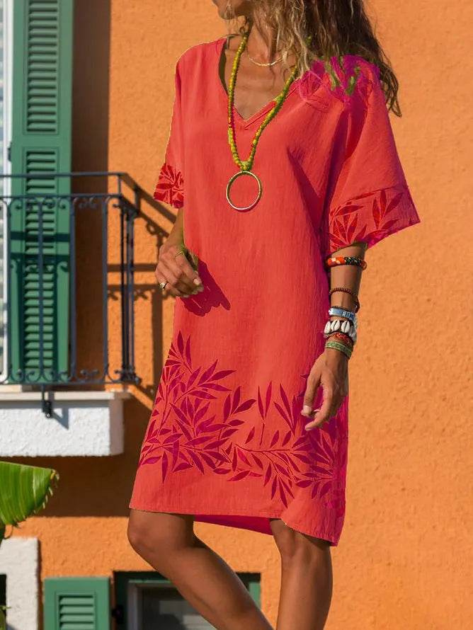 Casual V-neck plus size dress - Mubimart