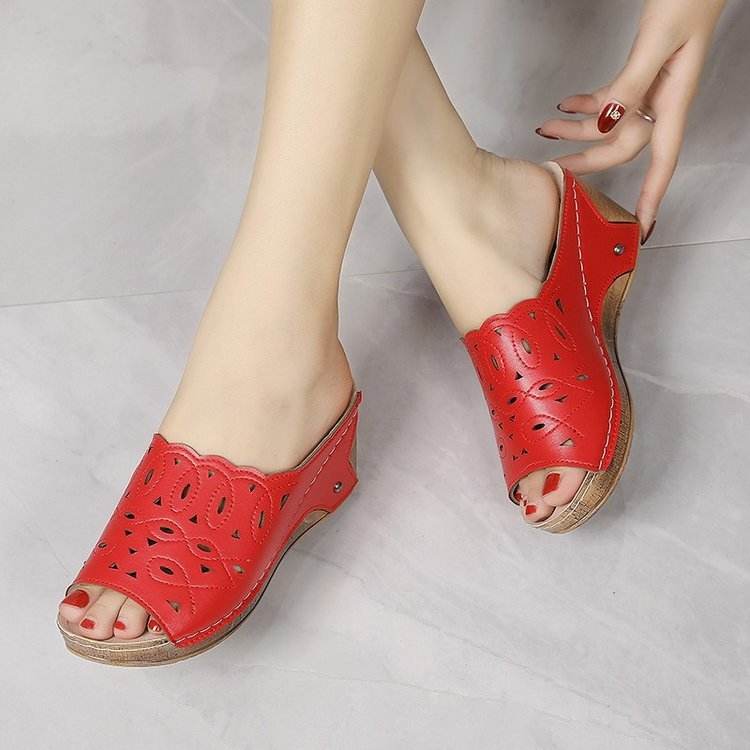 Women's Stylish Peep Toe Slip-on Wedge Sandal - Mubimart