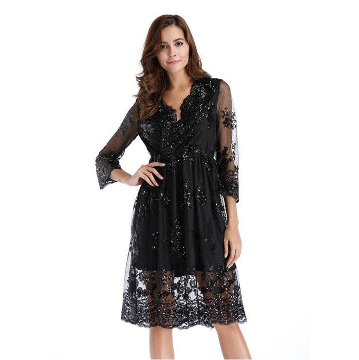Simplee V long neck party dresses women sexy mesh streetwear Christmas MIDI dress female autumn dress - Mubimart