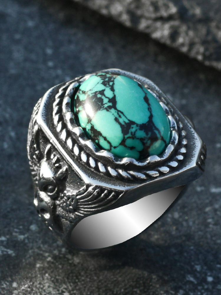 Vintage Turquoise Uil Ring Voor Mannen