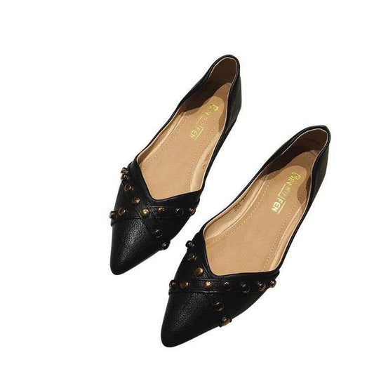 Pointed toe black flat shoes - Mubimart
