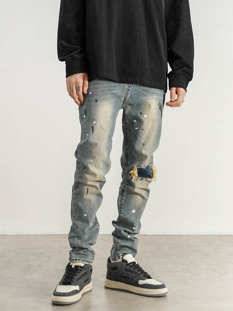 Slim-fit Slim-fit Jeans With Splashed Ink And Ripped Patches - Mubimart
