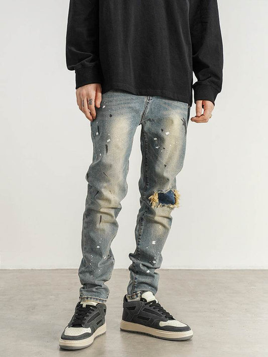 Slim-fit Slim-fit Jeans With Splashed Ink And Ripped Patches - Mubimart