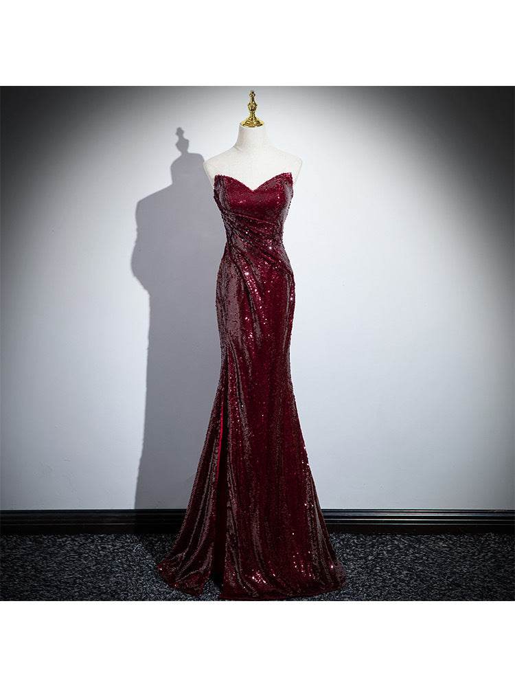 Wedding Red Formal Fishtail Sequins Evening Dress - Mubimart