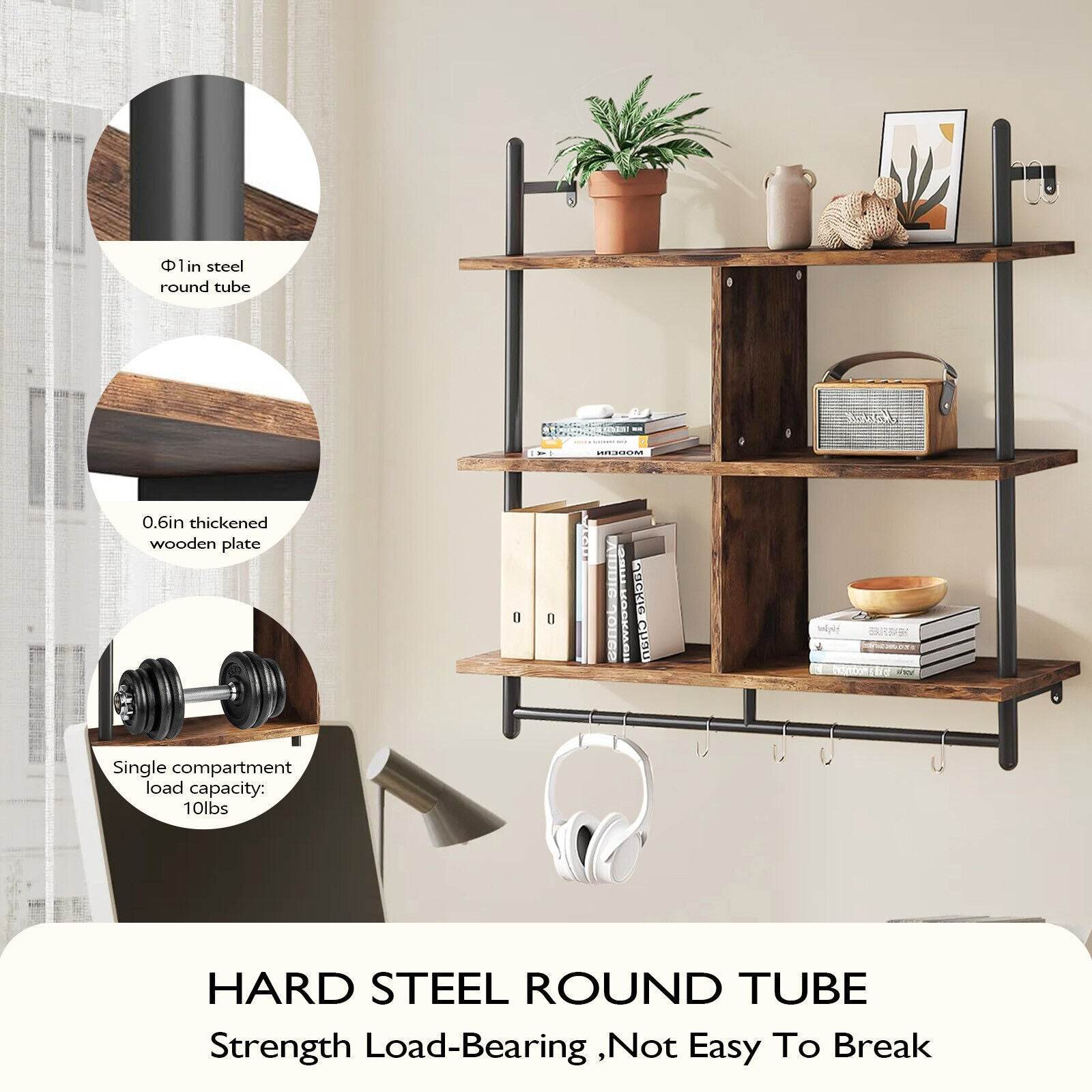 3 Tier Floating Shelves Metal Brackets Wall Mounted Shelf Over Toilet Bathroom - Mubimart