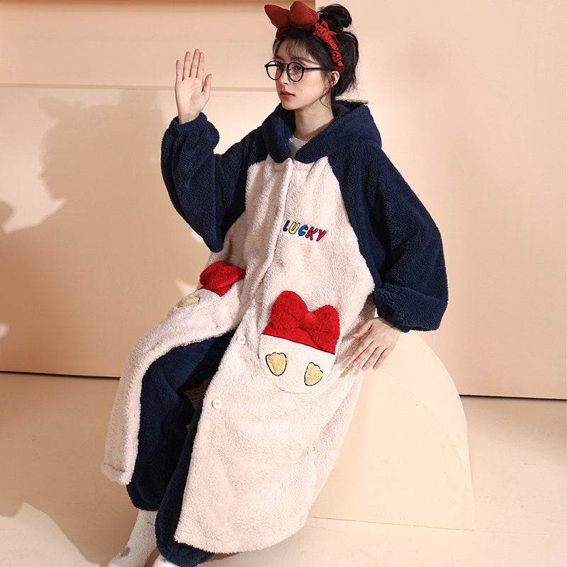 Coral Fleece Nightgown Women Plus Velvet Thickened Flannel Pajamas Can Be Worn Outside Bathrobe Set - Mubimart