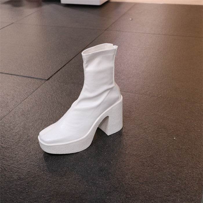 Korean Boots Square Toe Chunky Heel Waterproof - Mubimart