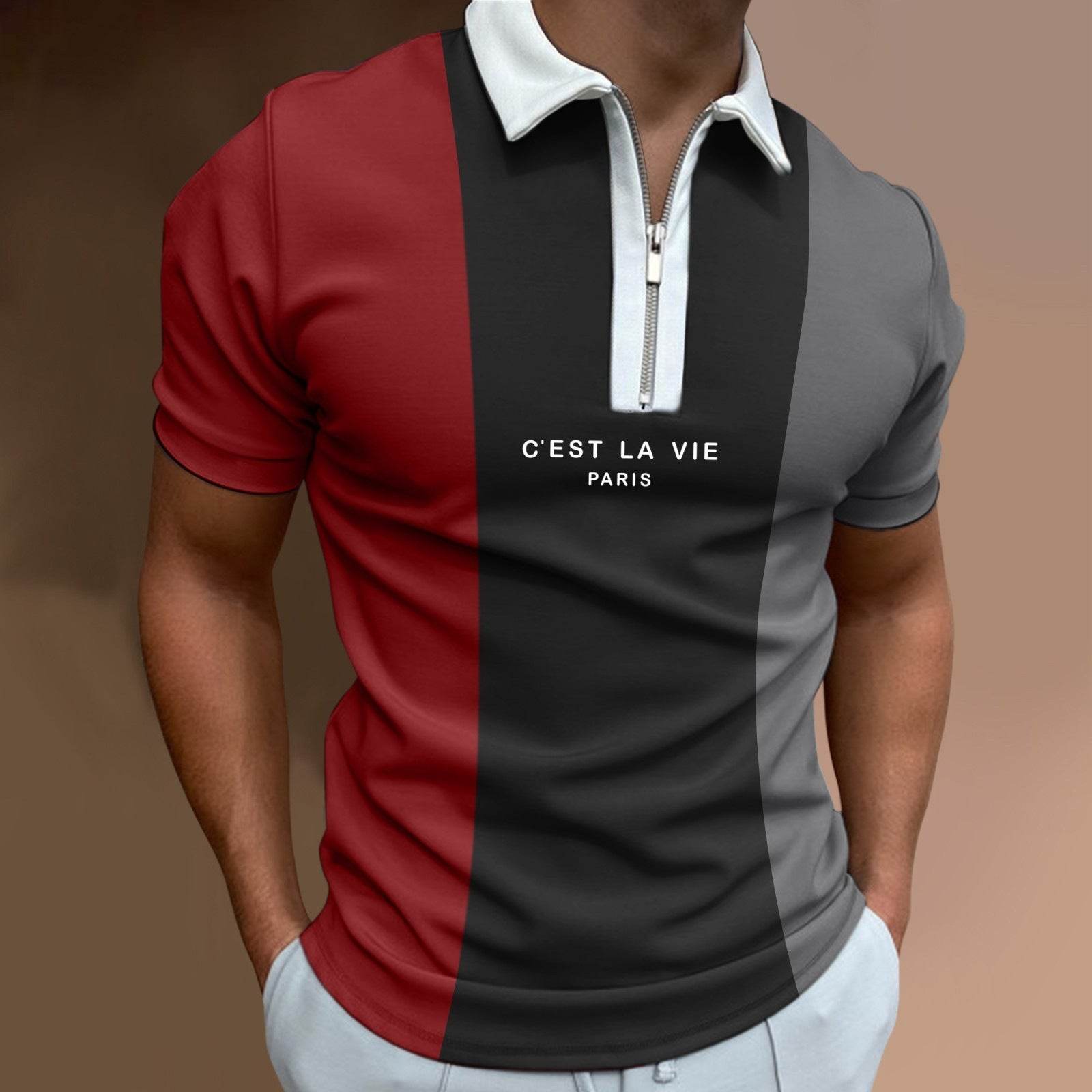 Men's Summer Polo Zipper Color Matching Sports Polo Shirt - Mubimart