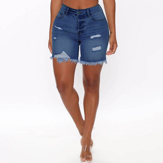 Fashion Ripped Fringed High Stretch Denim Shorts Women - Mubimart
