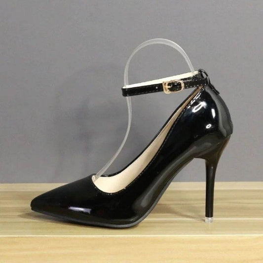 Plus Size One Word Buckle High Heels Female Patent Leather Stilettos - Mubimart