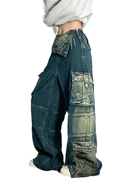 Plus Size Retro Washed Cargo Jeans Women - Mubimart
