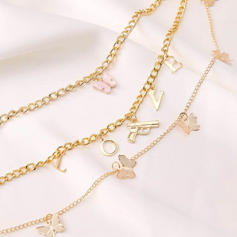 Chain Butterfly Necklace Women Multilayer Pendant Necklace Set Women - Mubimart