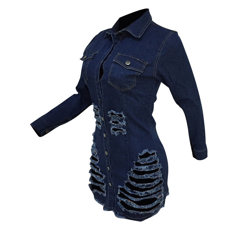 Shredded denim dress denim casual dress - Mubimart -  