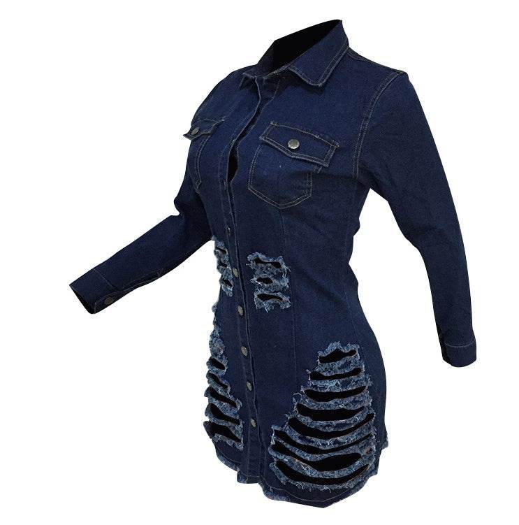 Shredded denim dress denim casual dress - Mubimart