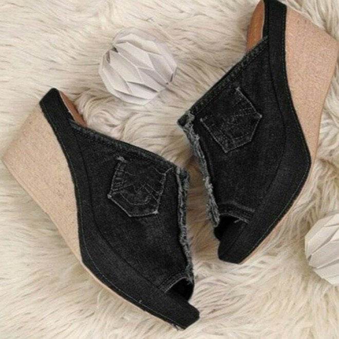 Denim high heels wedge sandals - Mubimart