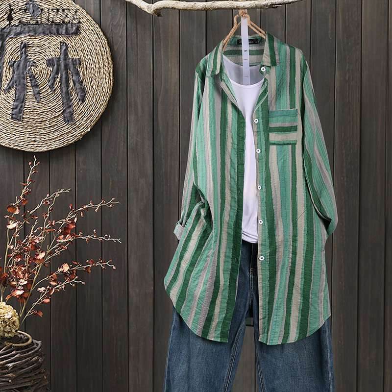 Women Autumn Stripe Lapel Neck Blouses Loose Tops - Mubimart