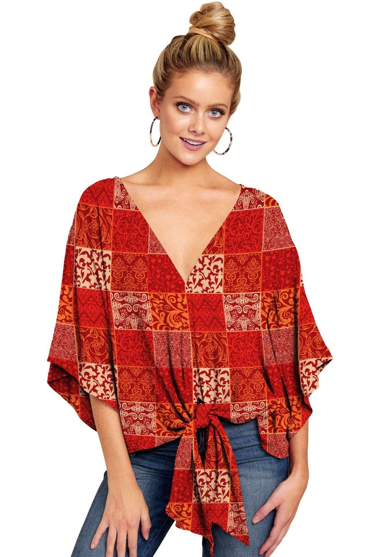 New V Neck Blouse Women Leopard Print Shirts Floral Tie Front Blouses Batwing Summer Oversize Ladies Tops - Mubimart
