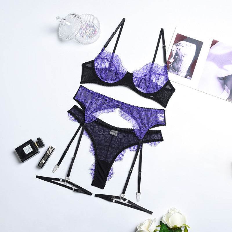 Womens Fashion Mesh Perspective Cross Garter Belt Four Piece Set - Mubimart