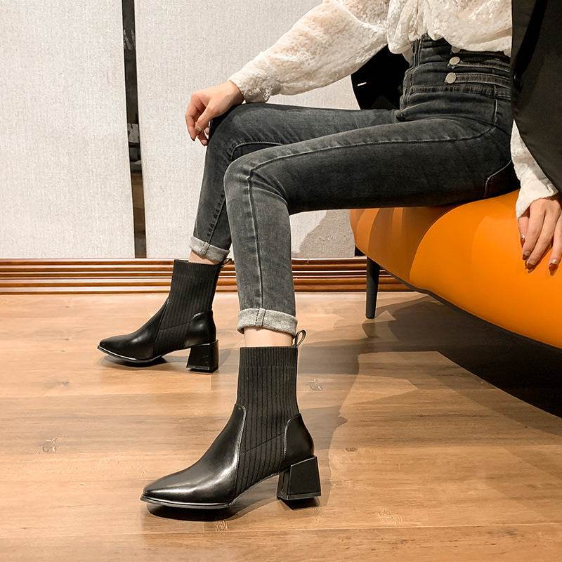 Chunky Heel Square Toe Knit Martin Boots - Mubimart
