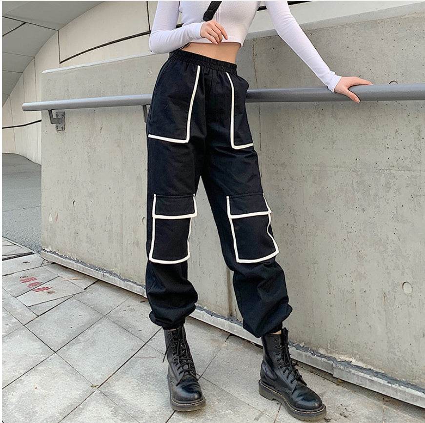 White Stripe Cargo Pants Women Trousers Pockets Patchwork Contrast Color High Waist Pants Hip Hop Capris - Mubimart
